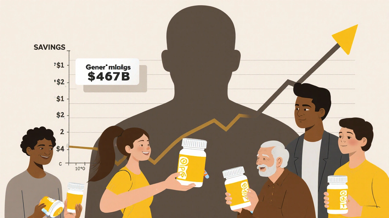 Diverse people exchanging generic pills, a savings chart in background, shadowy figure fading behind them.