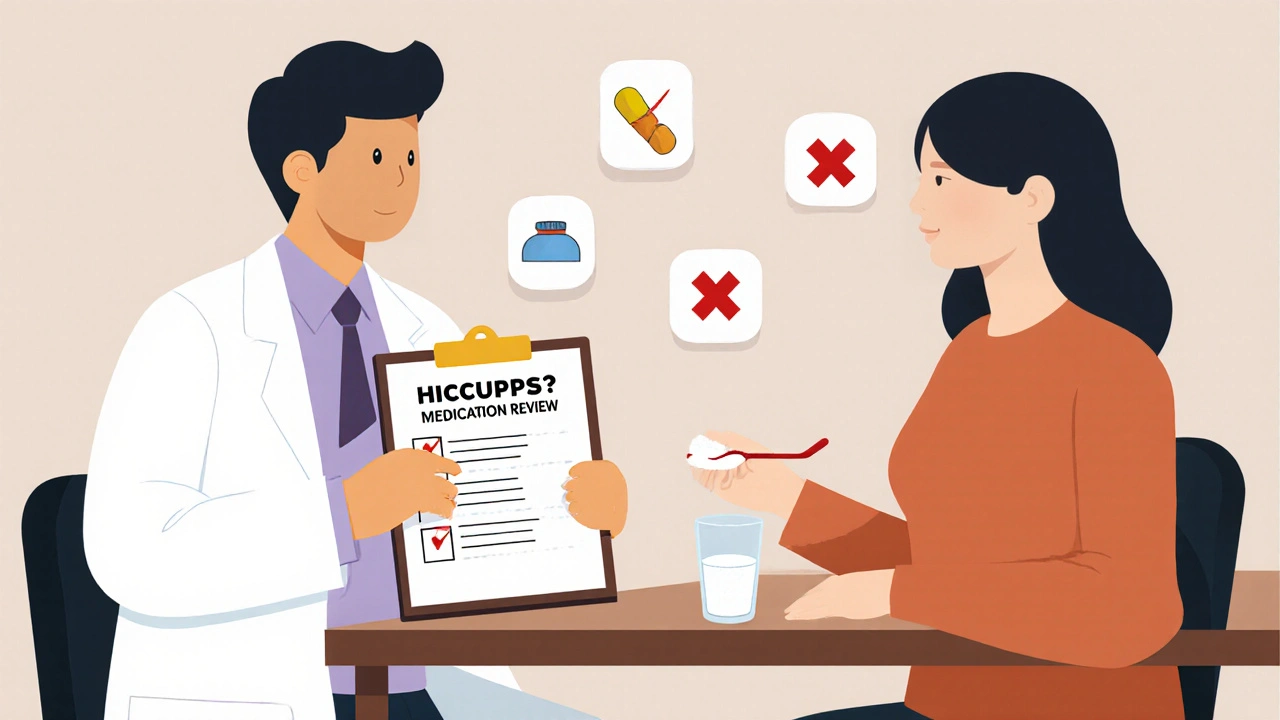 Doctor and patient discussing medication-induced hiccups with sugar and checklist