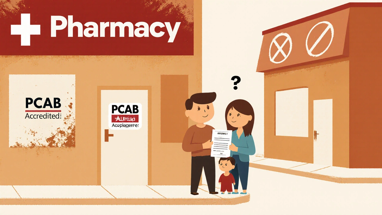 Family outside a pharmacy with one accredited and one unaccredited pharmacy visible.