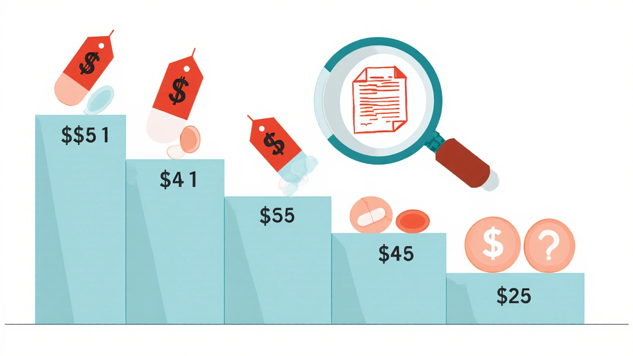 Five-tiered ladder showing increasing drug costs, with identical pills priced differently on Tier 1 and Tier 2.