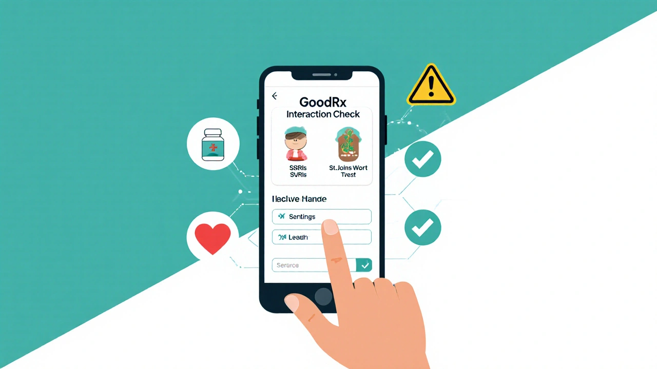 Hand using phone to check drug interactions with warning symbol and safety checkmark.