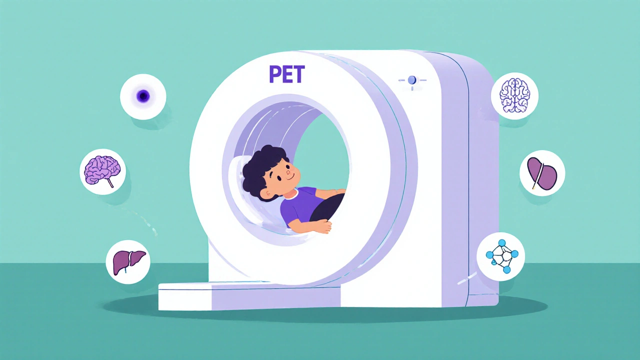 Hybrid PET-MRI machine with child inside, surrounded by organ and AI icons in soft colors.