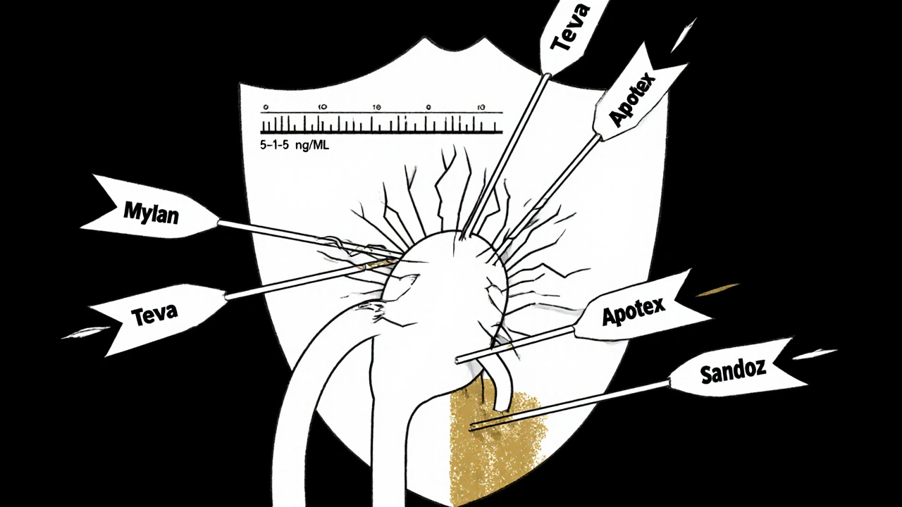 Kidney protected by a shield being pierced by arrows from different generic drug makers.