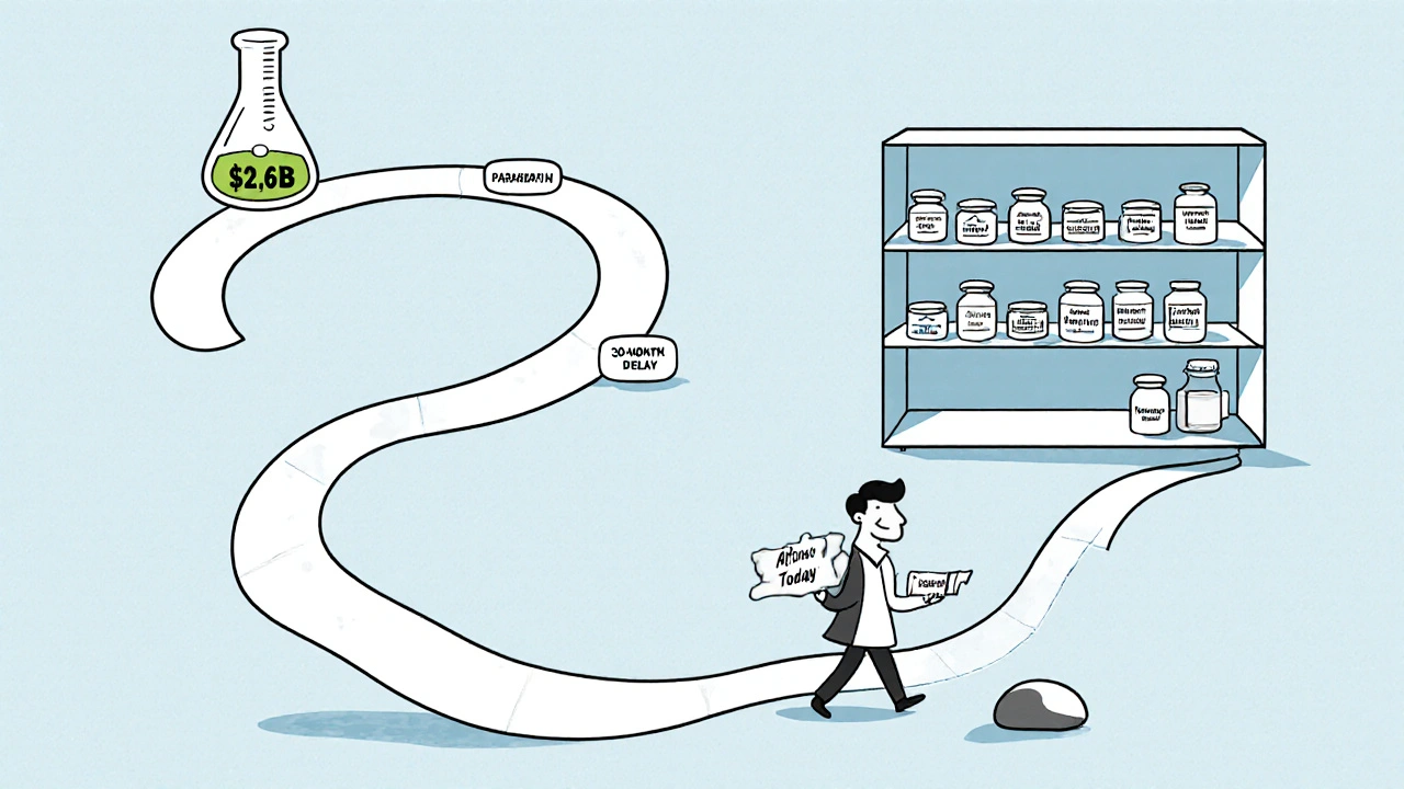 Path from lab to pharmacy shelf with obstacles labeled Patent Timeline