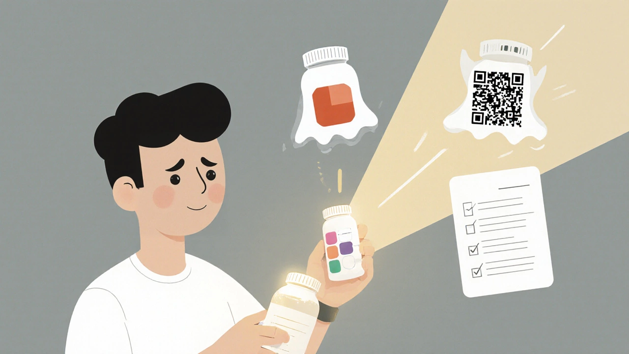 Patient confused by floating pill variants, with a QR code offering clarity.