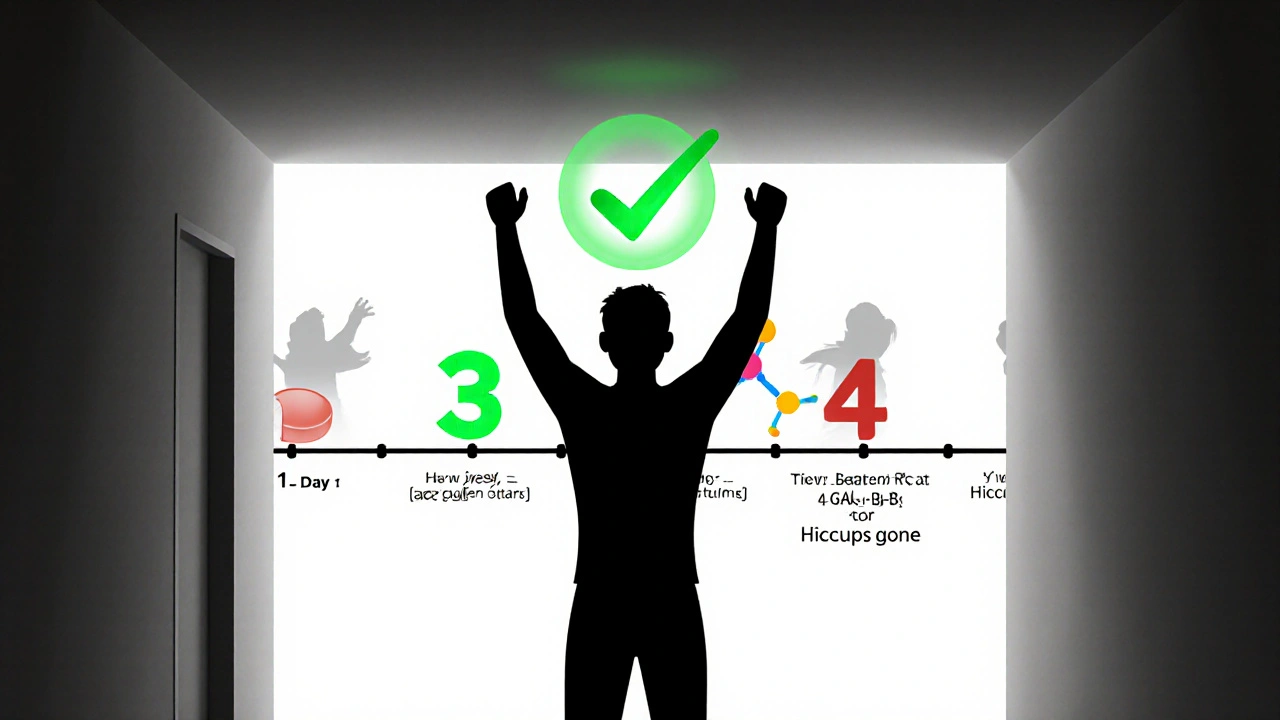 Person relieved after baclofen treatment, with timeline showing hiccup resolution