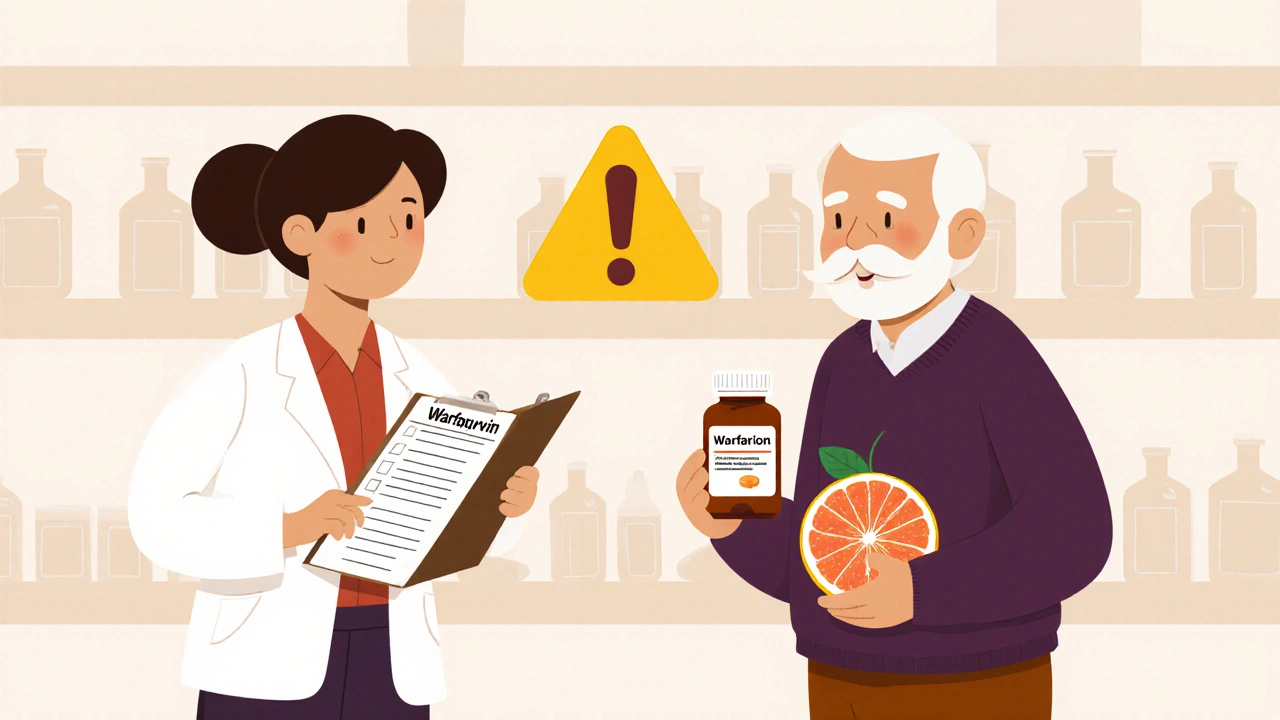 Pharmacist and elderly patient discussing medication risks with grapefruit and pills nearby.