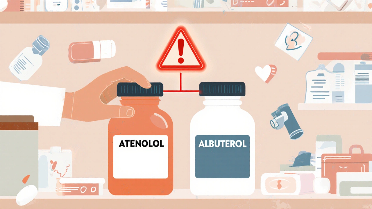 Pharmacist reaching for two similar medication bottles with a red warning line between them.