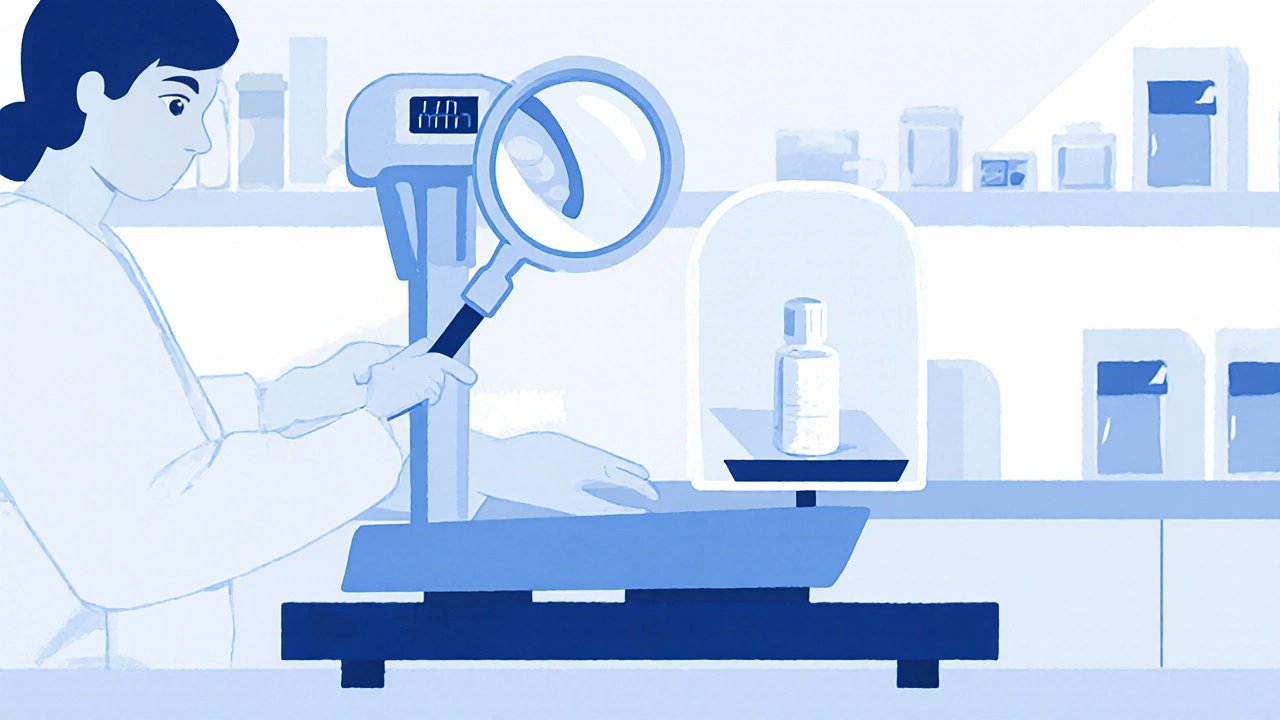 Pharmacist using a precision scale to measure a tiny dose of liquid medication for a newborn.