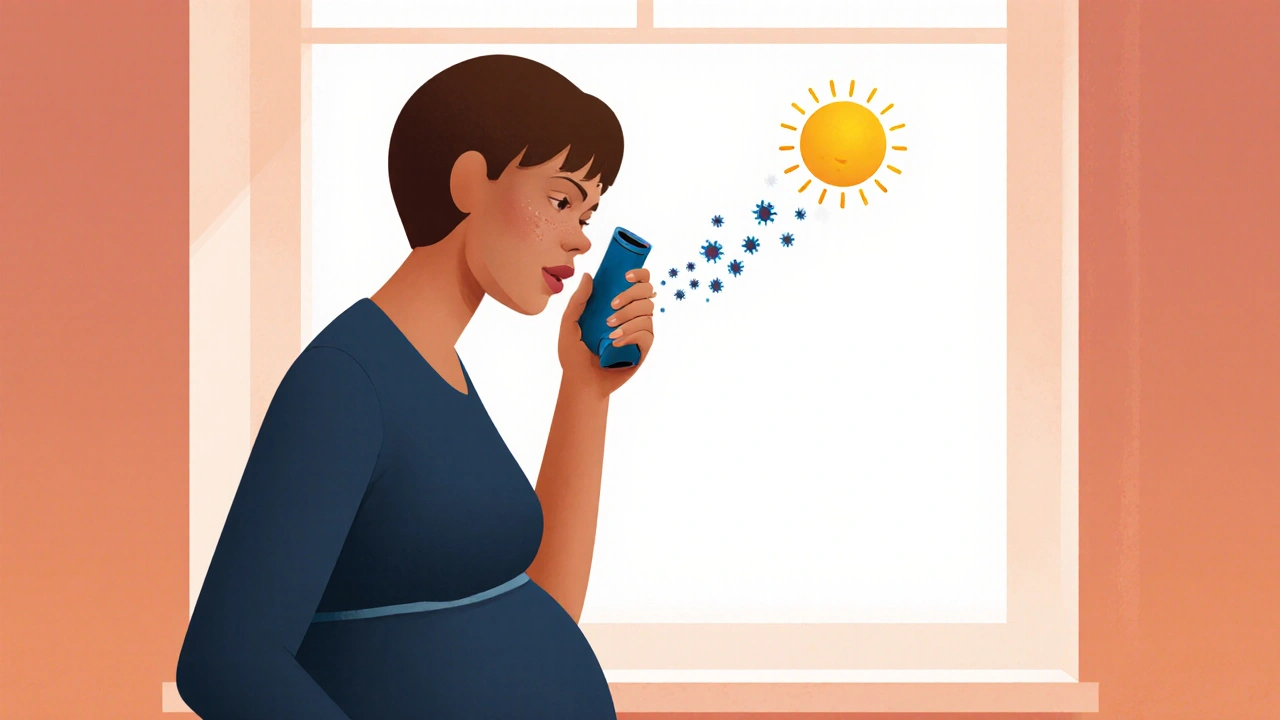 Pregnant person using asthma inhaler with pollen blowing away outside.