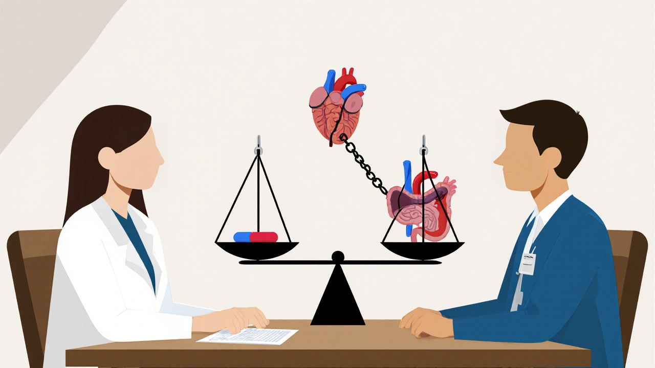 Scale balancing brand-name and generic pills, pulling down a heart and transplanted organ.