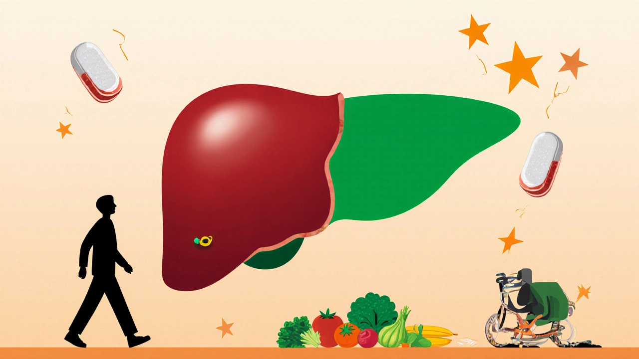 Silhouette of a person improving liver health with diet and exercise, supported by statin pills as symbolic stars.