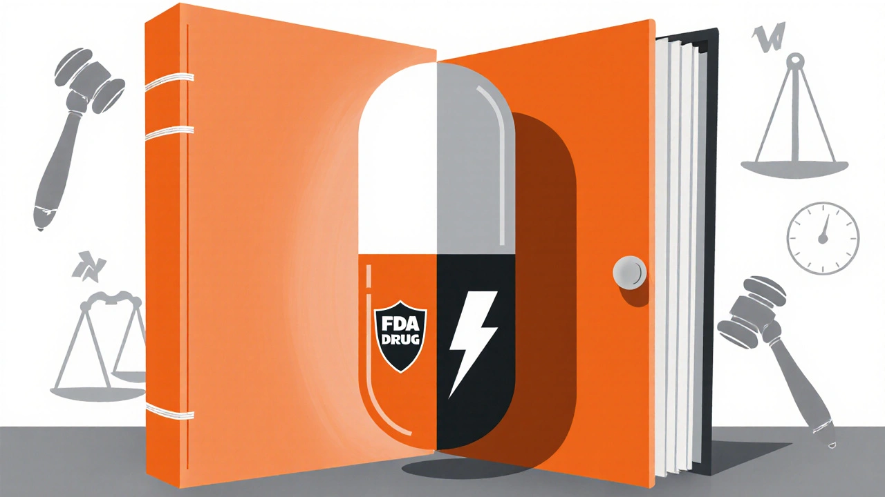 Split pill showing brand and generic sides emerging from an open Orange Book