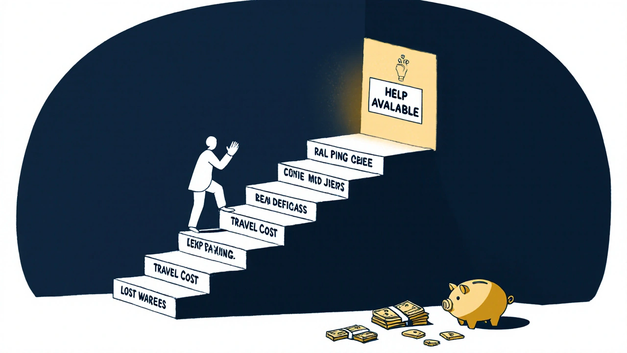 Staircase of financial barriers with one hand reaching toward help