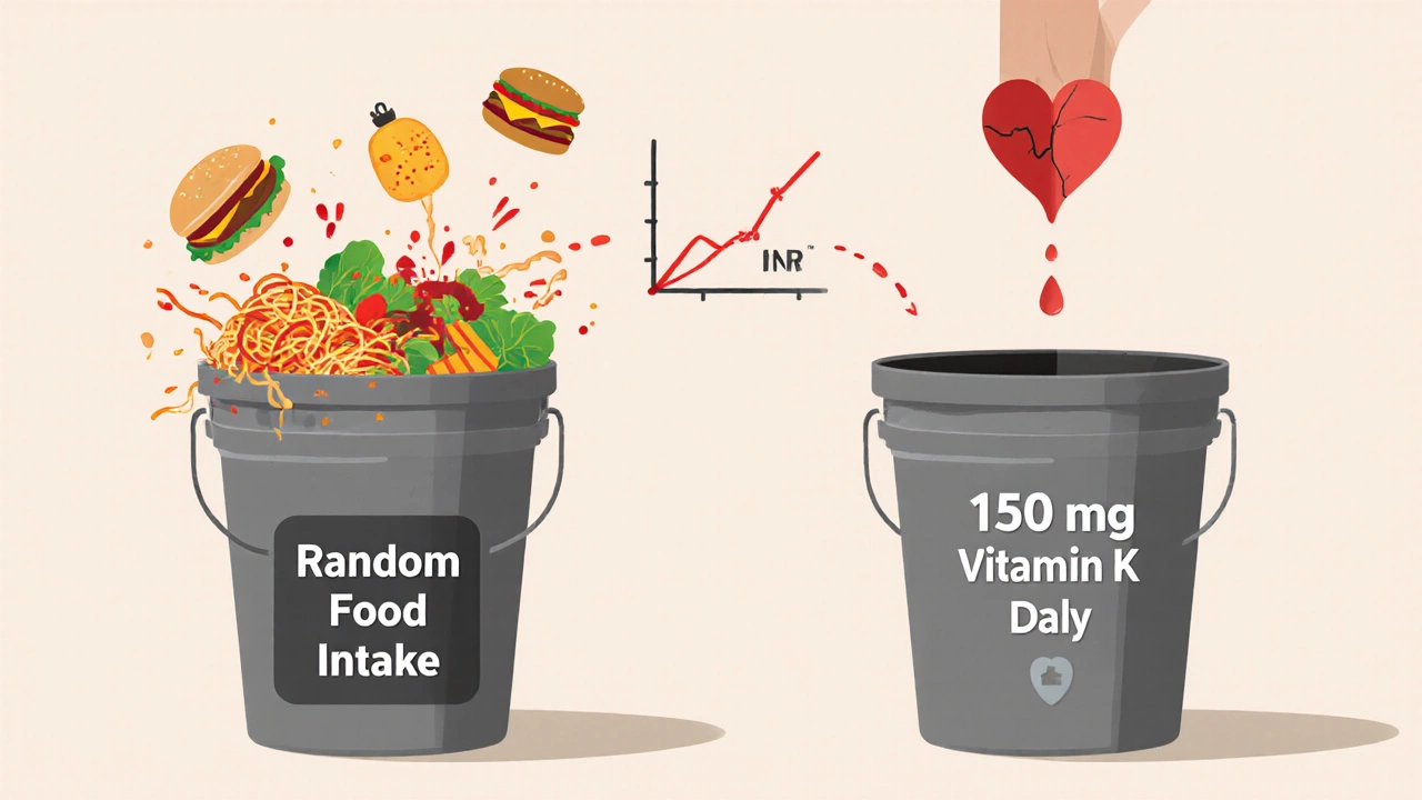 Two buckets showing chaotic vs. steady vitamin K intake affecting INR levels.