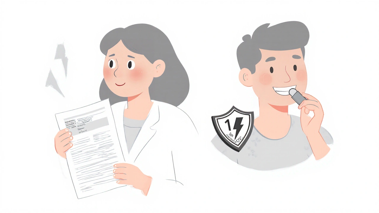 Two figures contrasting worry and confidence with a statin pill and heart shield against a tiny lightning bolt.