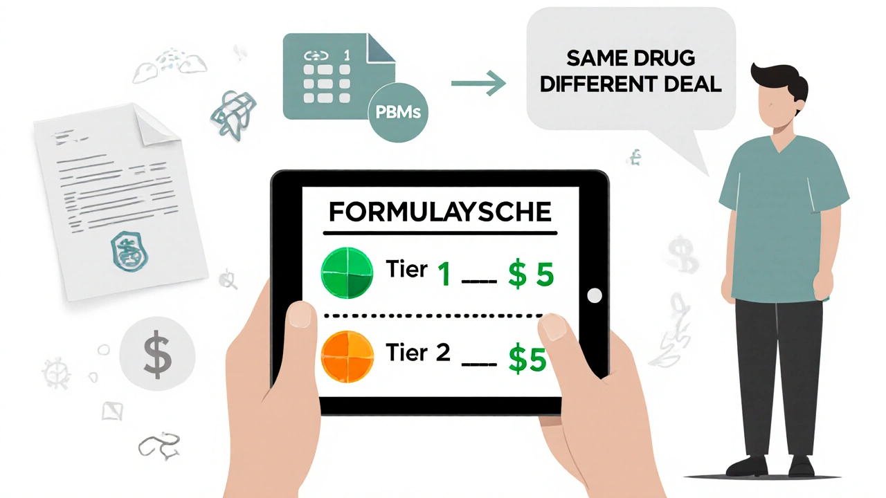 Two identical pills on a formulary list labeled  and , with pharmacist explaining the price gap.