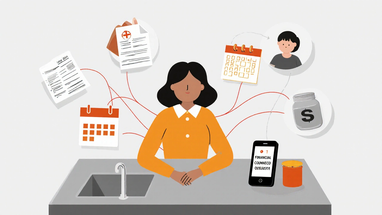 Woman at kitchen table surrounded by medical and family cost icons