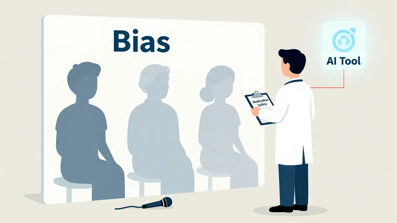 A doctor holds a clipboard while patient silhouettes fade behind a wall of bias, with an unused interpreter mic on the floor.