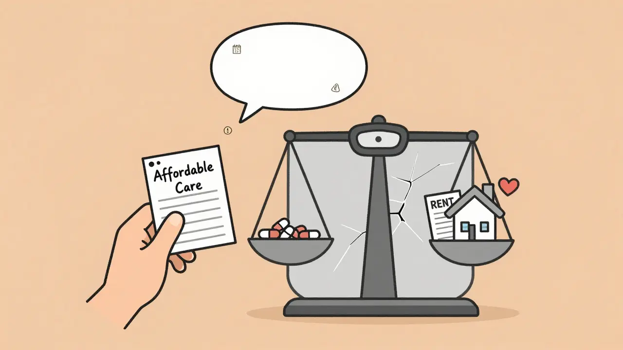 A handwritten medication log sits beside a scale weighing pills against rent and a heart, showing impossible health choices.