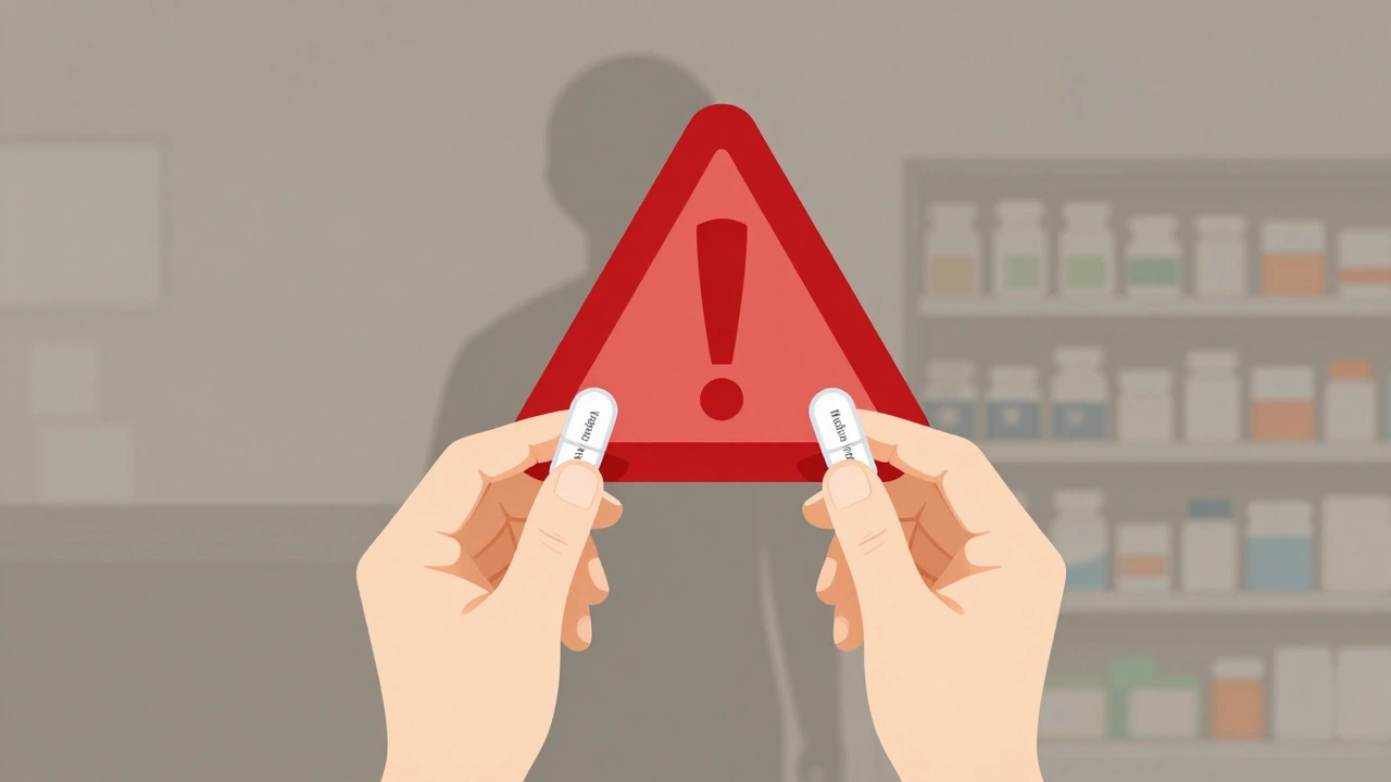 A person holding two pills labeled by country of origin, with a warning triangle behind the imported version.