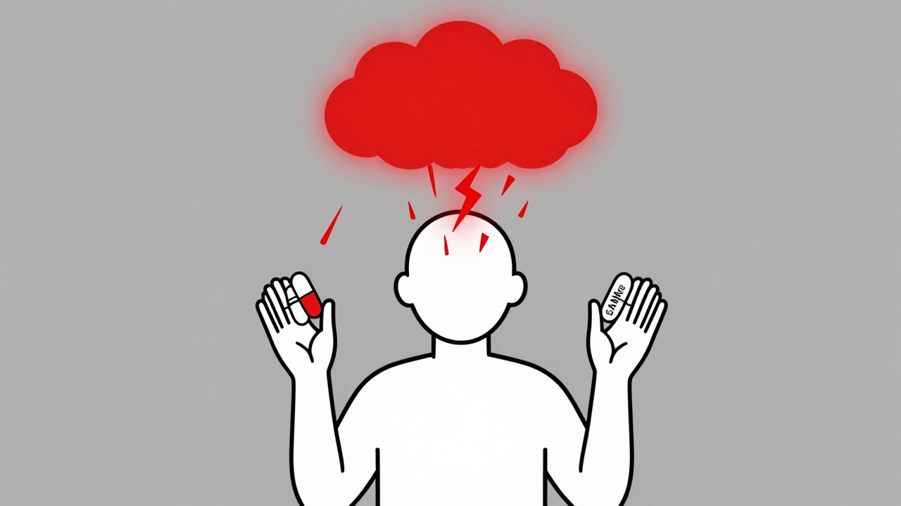 A person with a warning storm above their head symbolizing serotonin syndrome from combining SAMe and antidepressants.