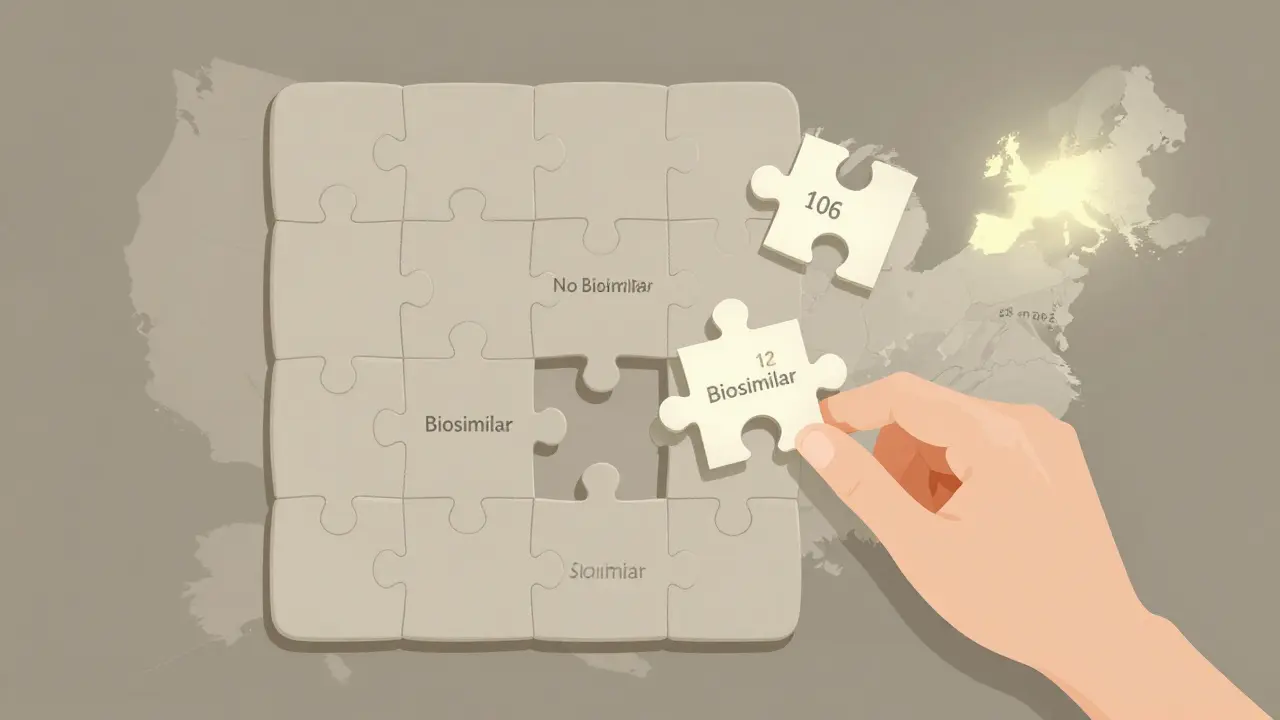 A puzzle with mostly missing pieces represents the biosimilar void, with only a few biosimilars in place and one being added.