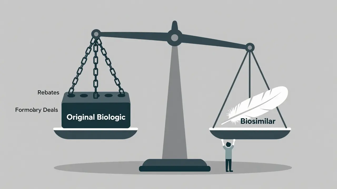 A scale tilts under the weight of a branded biologic drug with rebate chains, while a light biosimilar bottle helps balance it.