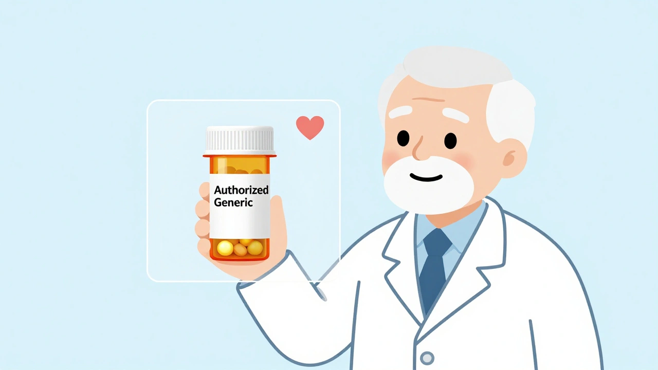 An elderly person holding an authorized generic pill with a transparent overlay showing it&#039;s identical to the brand.