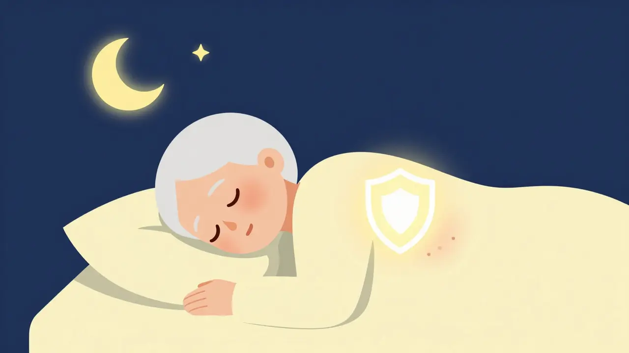 An elderly person sleeping safely, protected from shingles pain.