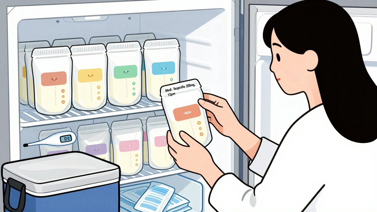 Breast milk bags organized by color in a freezer with an insulated cooler nearby.