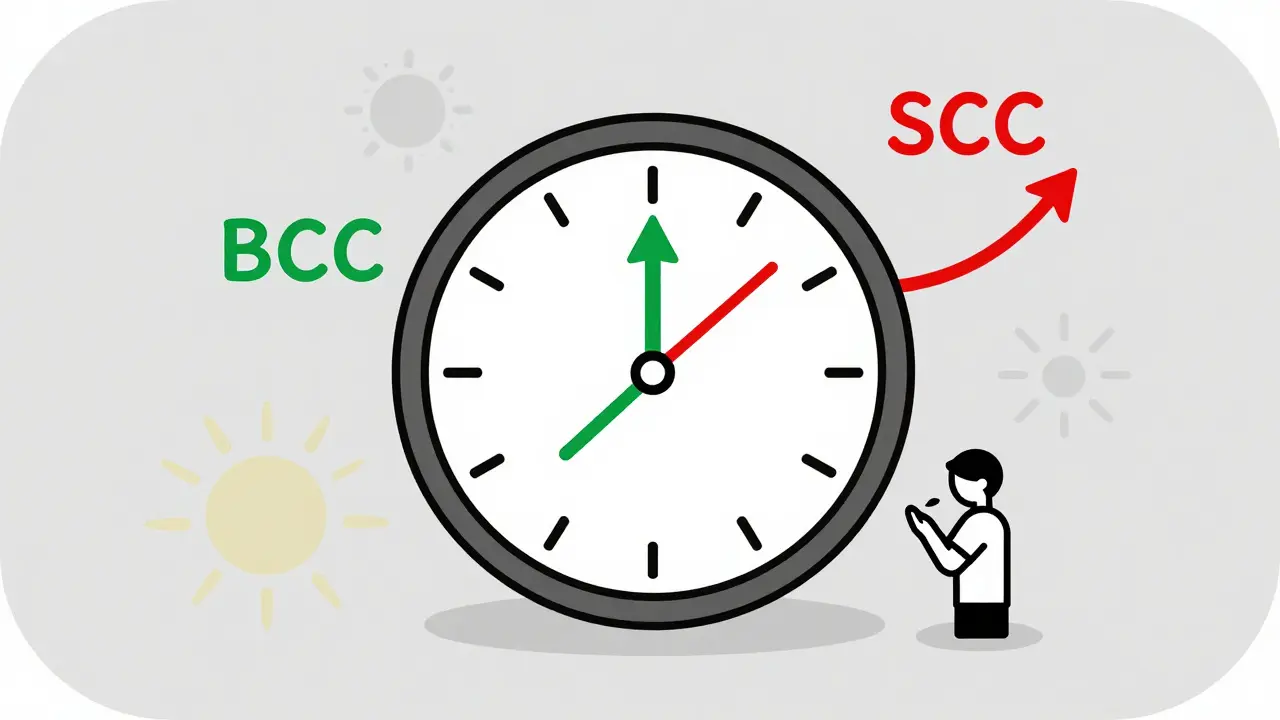 Clock with slow and fast arrows representing growth rates of basal and squamous cell carcinoma, surrounded by sun rays.