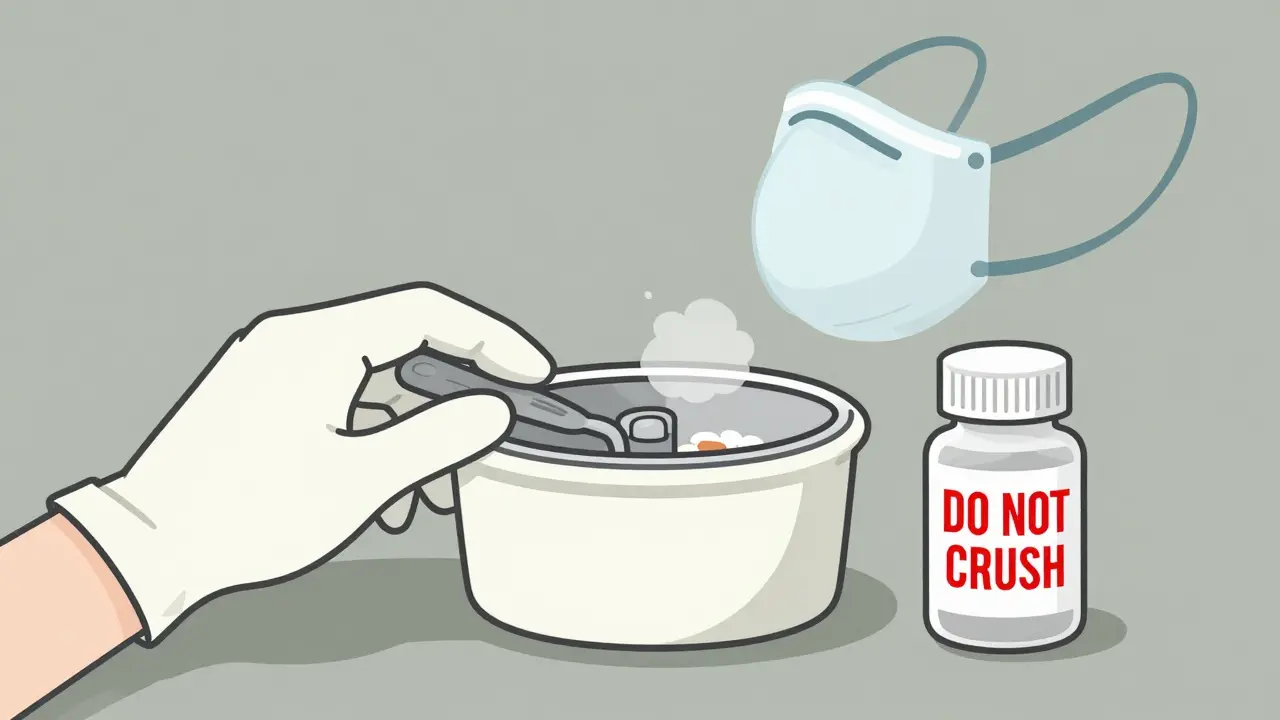 Closed-system crusher trapping dust while user wears protective gear