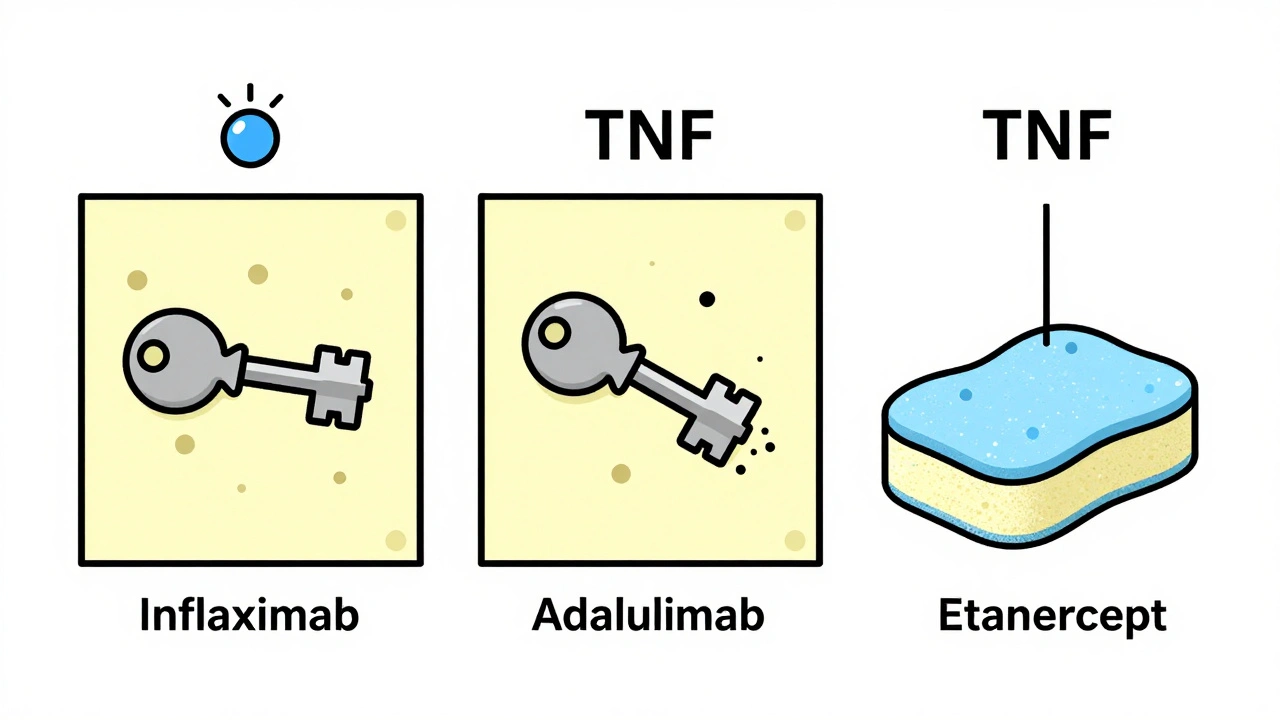 Comparison of three TNF inhibitors: two destroying TB containment walls, one gently absorbing excess protein.