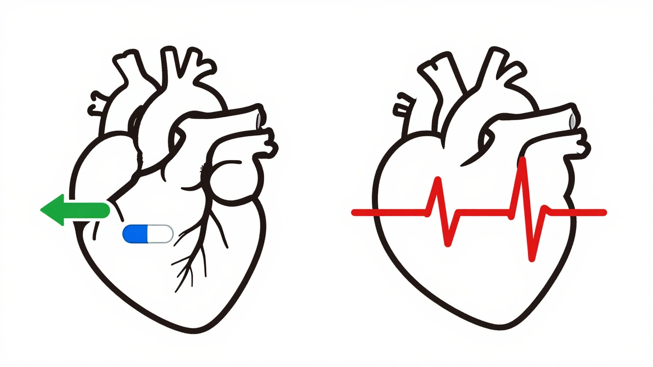 Contrasting safe and dangerous heart drug combinations in minimalist style.