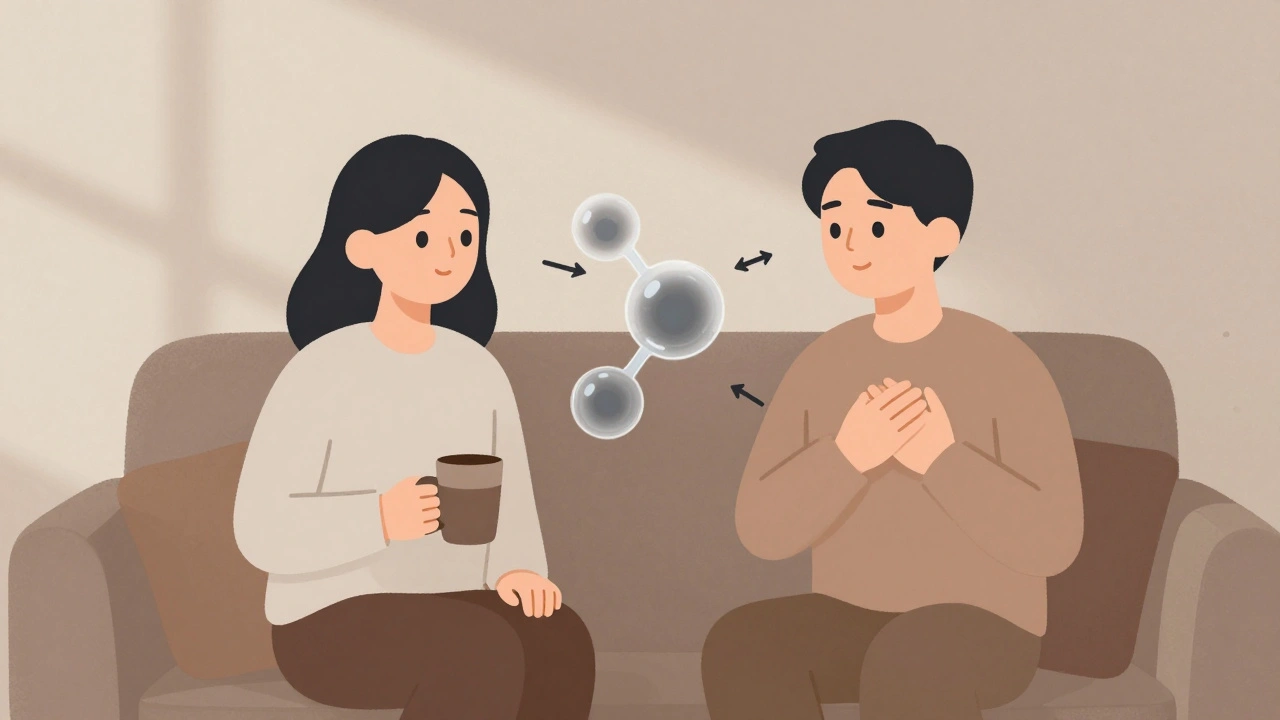 Couple with serotonin molecule between them, soft lighting, minimalist style