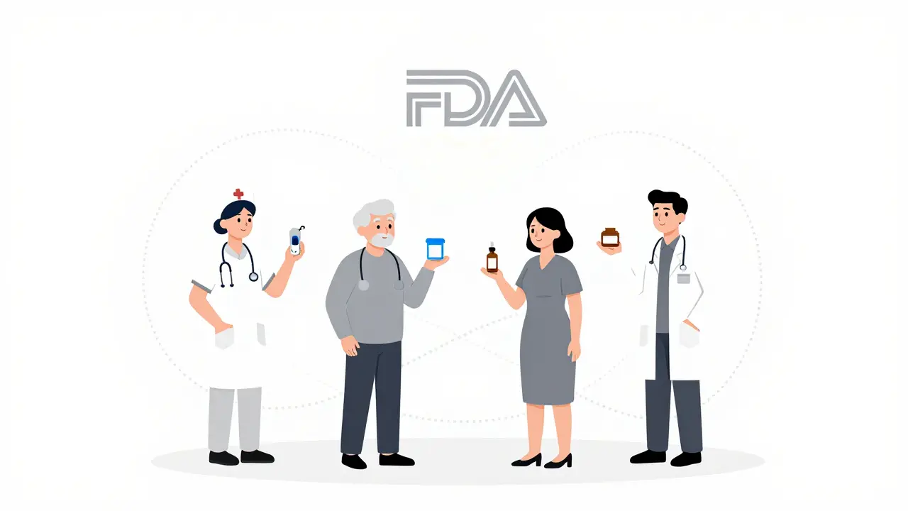 Diverse individuals connecting their medical product experiences to the FDA's safety system.