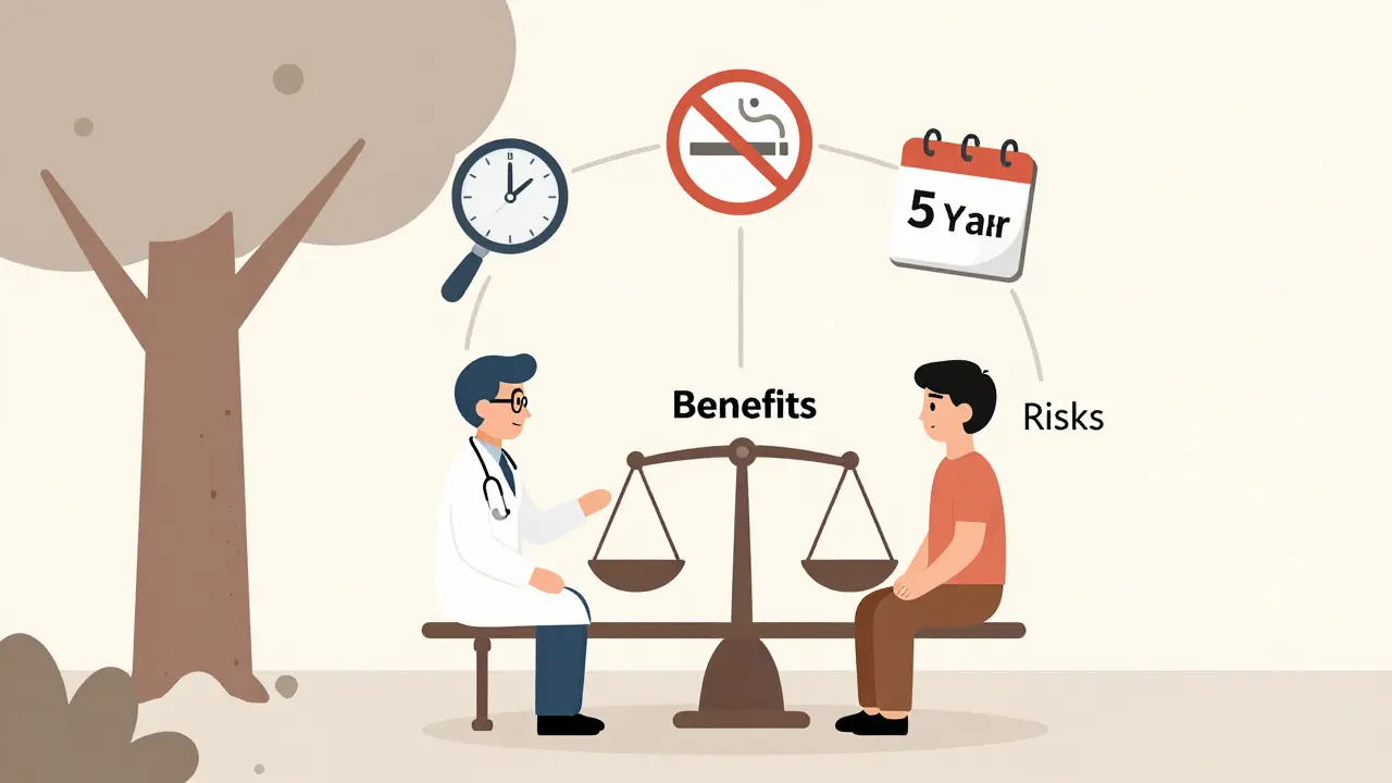 Doctor and patient discussing treatment risks with skin check, no-smoking, and time symbols.
