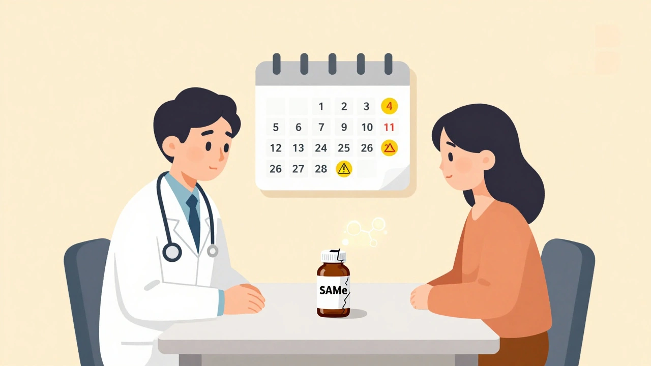 Doctor and patient facing a cracked SAMe bottle with a glowing serotonin molecule escaping.