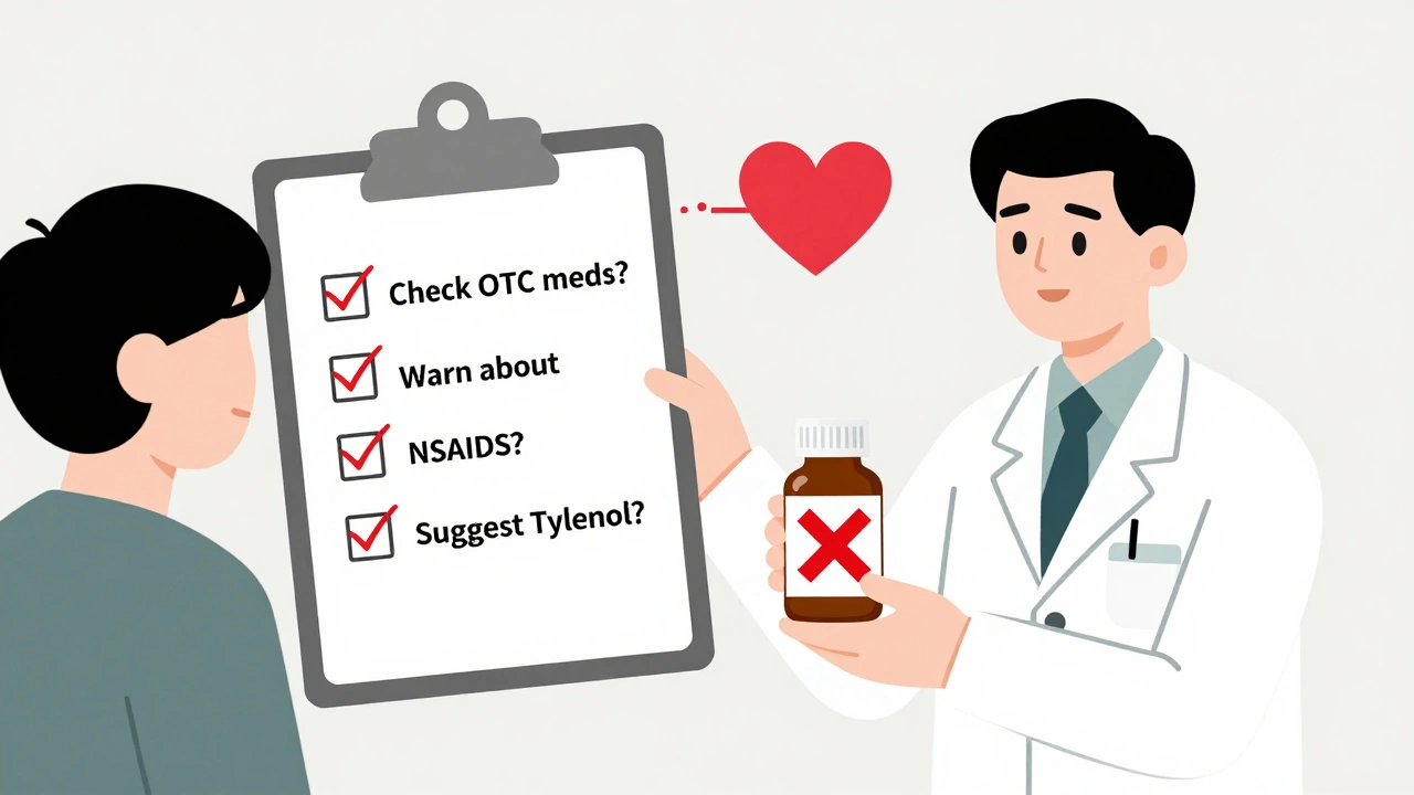 Doctor checking medication list while patient holds naproxen with a red X, Tylenol nearby.