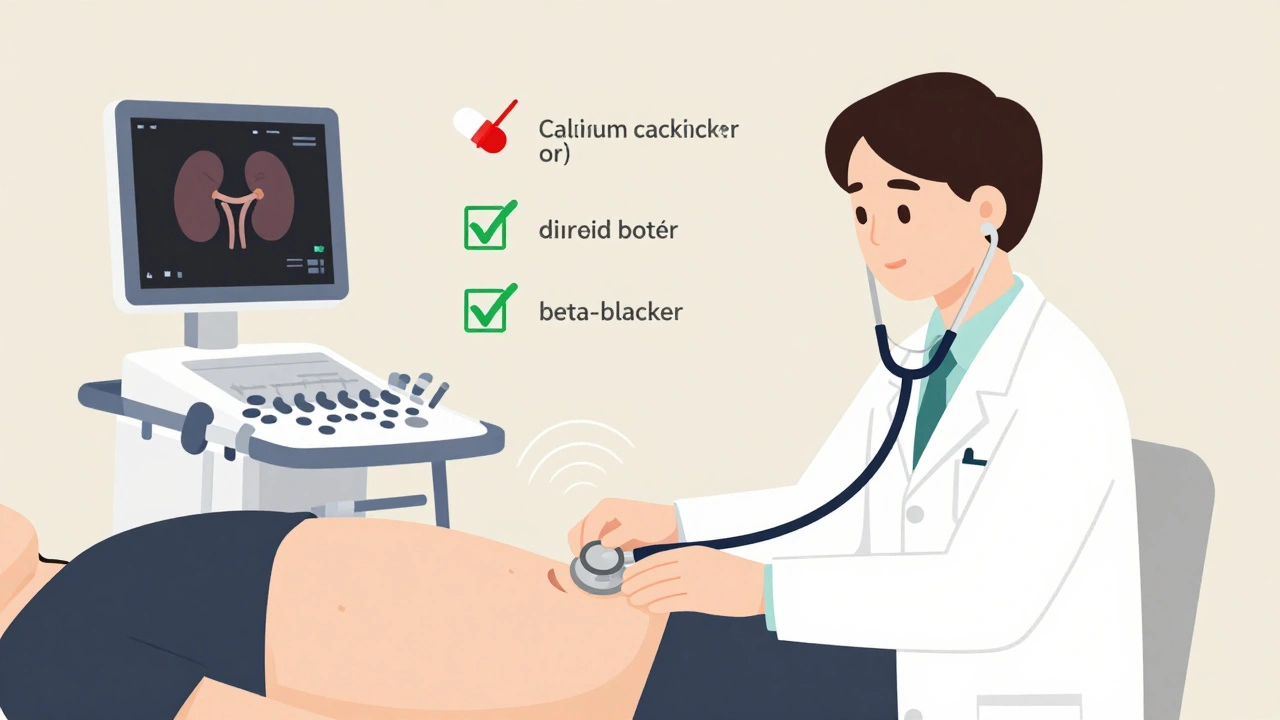 Doctor listening for abdominal bruit with alternatives to ACE inhibitors shown