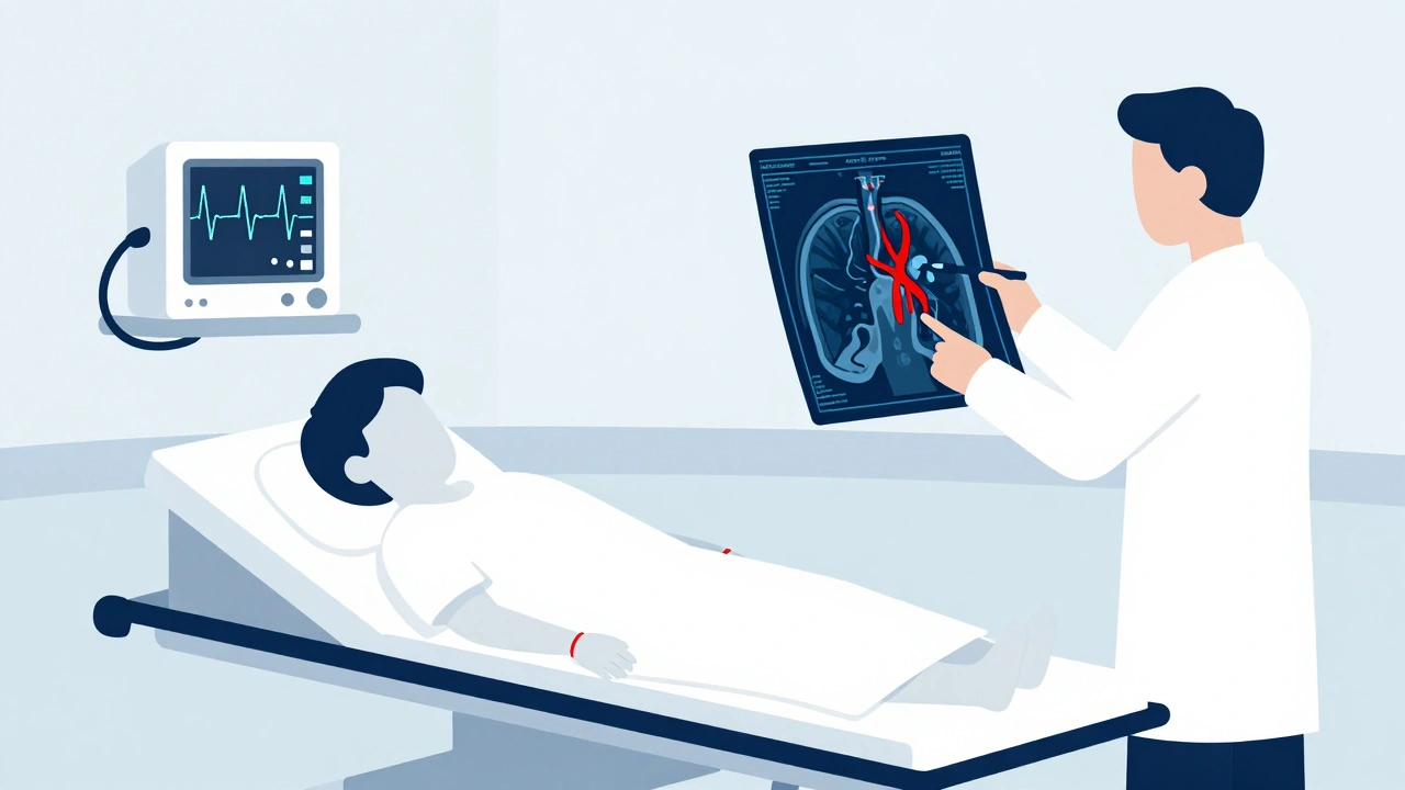 Doctor reviewing a CT scan showing a blood clot in the lung artery during emergency diagnosis.