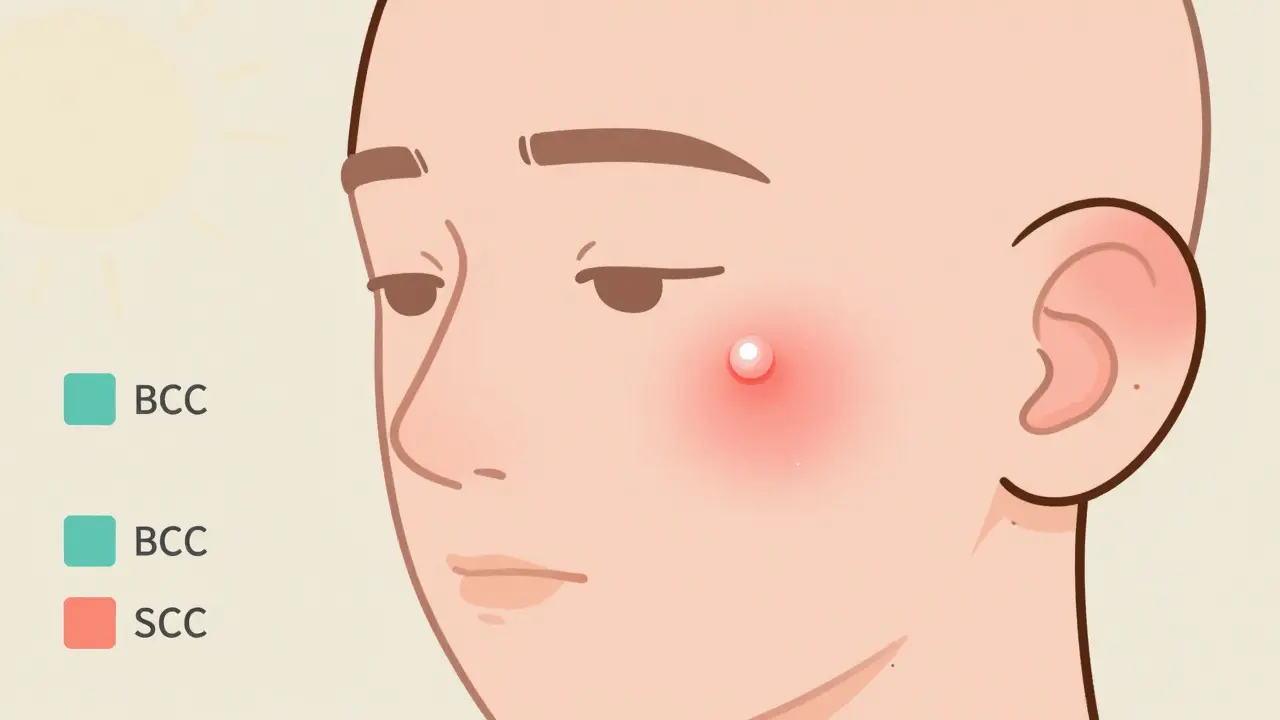 Face with two skin lesions: a pearly bump on the nose and a scaly patch on the ear, color-coded for basal and squamous cell carcinoma.