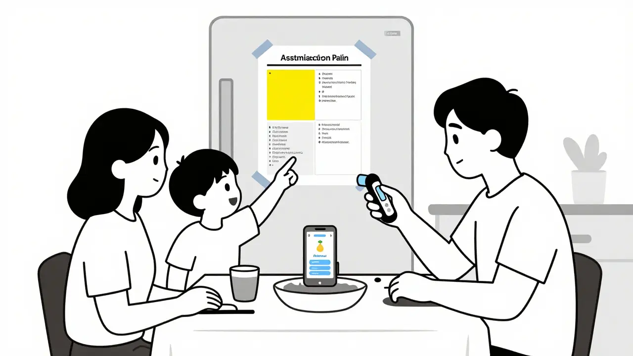 Family viewing an asthma action plan on the fridge, with a child pointing and a phone showing reminders.