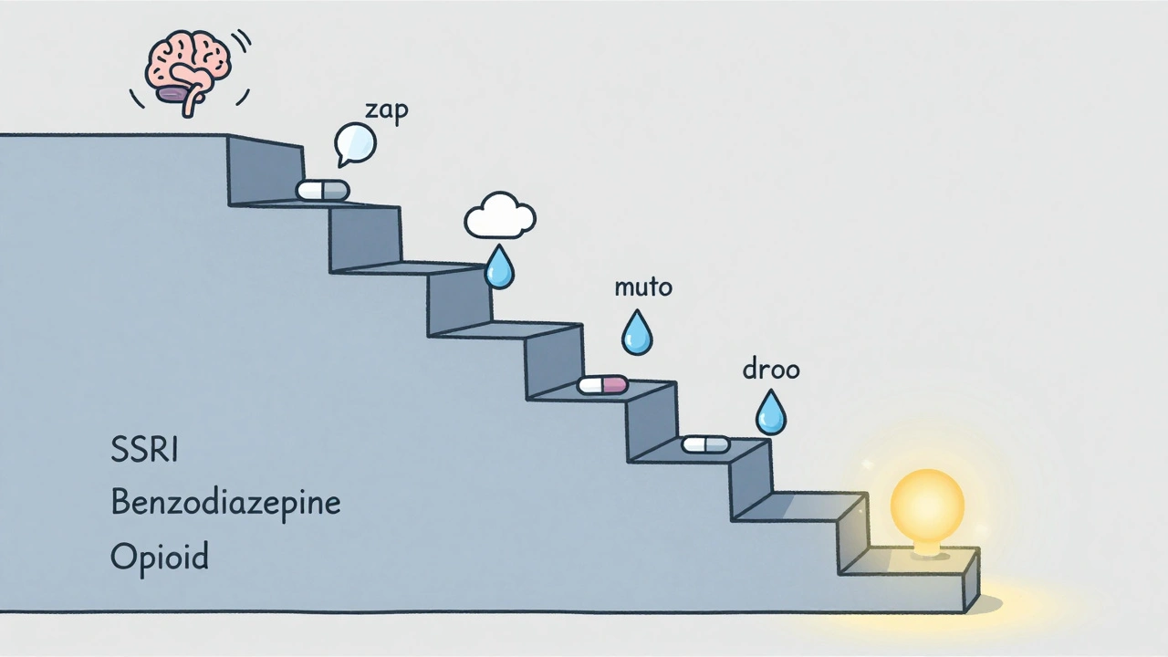 Gradual medication taper timeline with fading symptoms leading to safety.