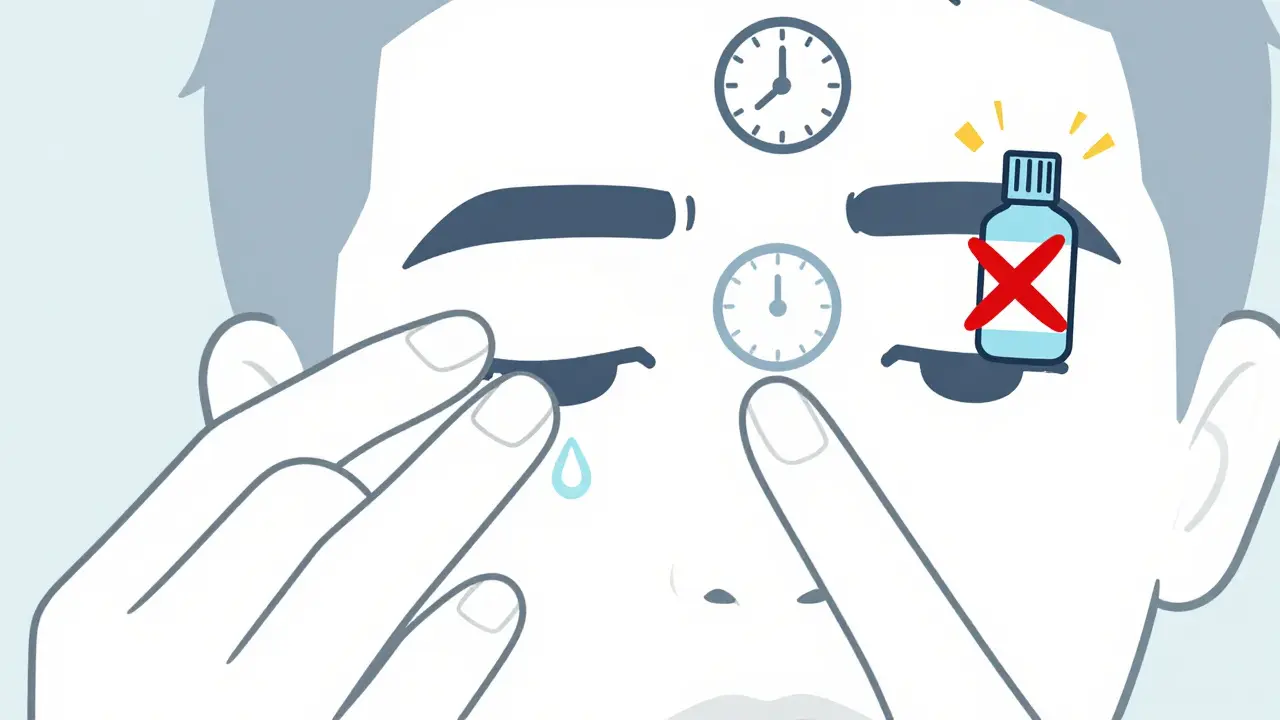 Hand correctly applying eye drop with timing and drainage prevention, red X over improper use and Visine bottle.