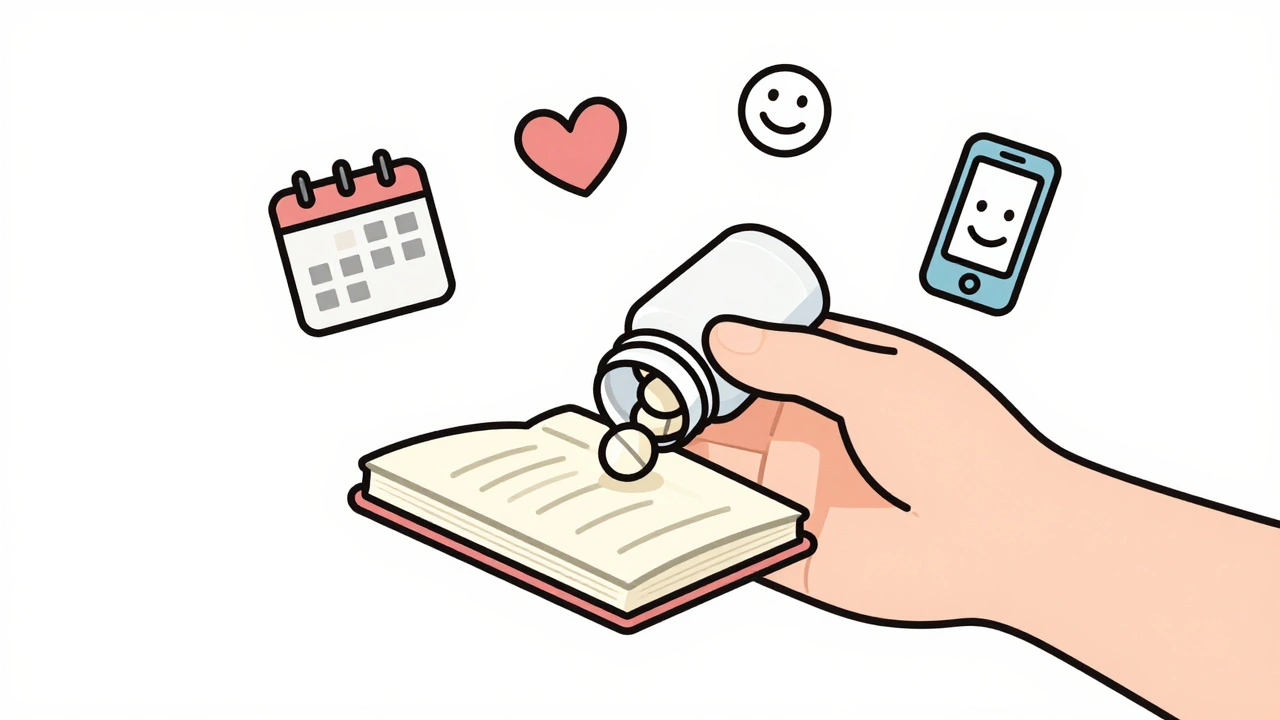 Hand placing a pill into a journal with support icons around it.