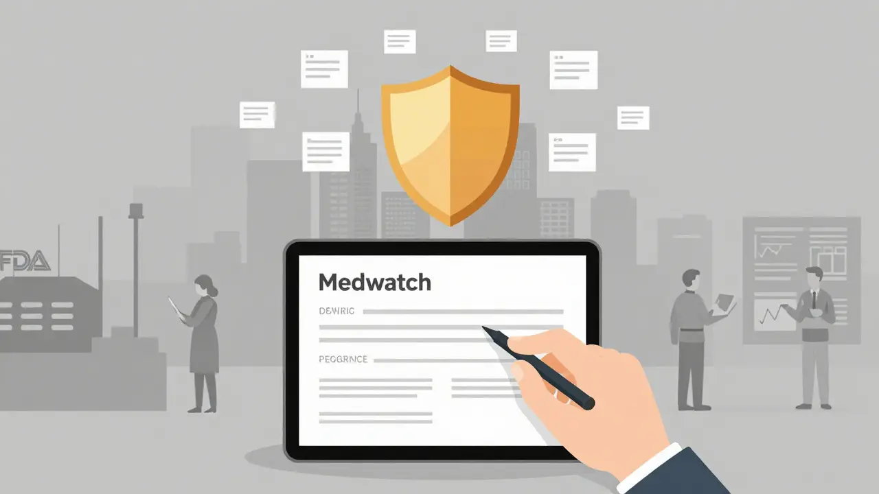 Hand submitting a side effect report, with floating symptoms forming a protective shield over a city.