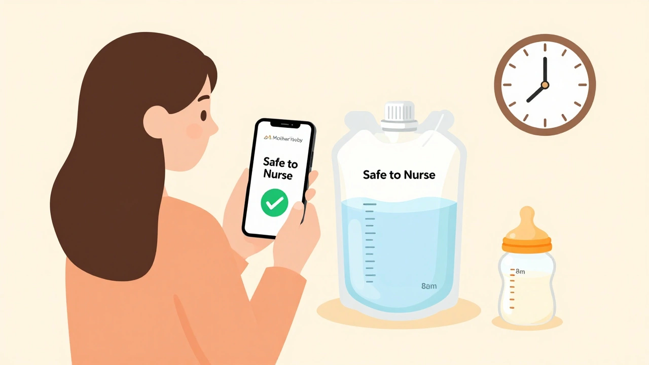 Mother using a smartphone app to confirm milk safety while thawing labeled milk.