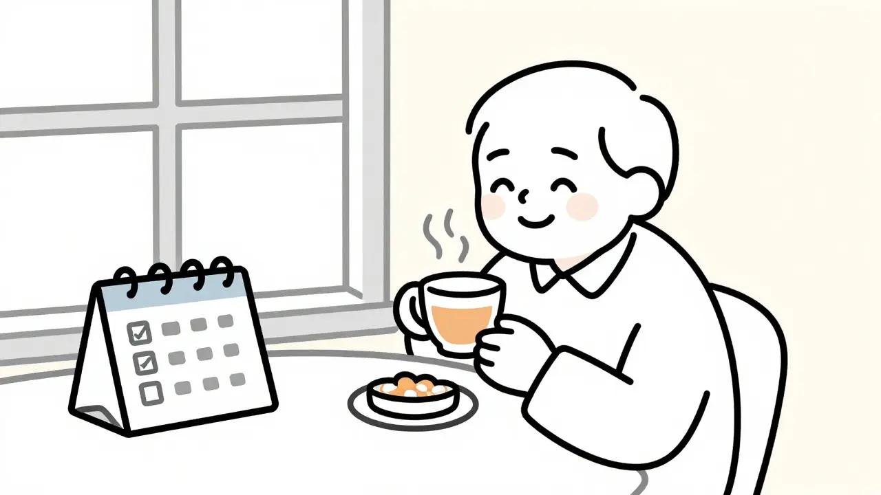 Older adult enjoying tea with a small pill organizer and daily checkmarks.